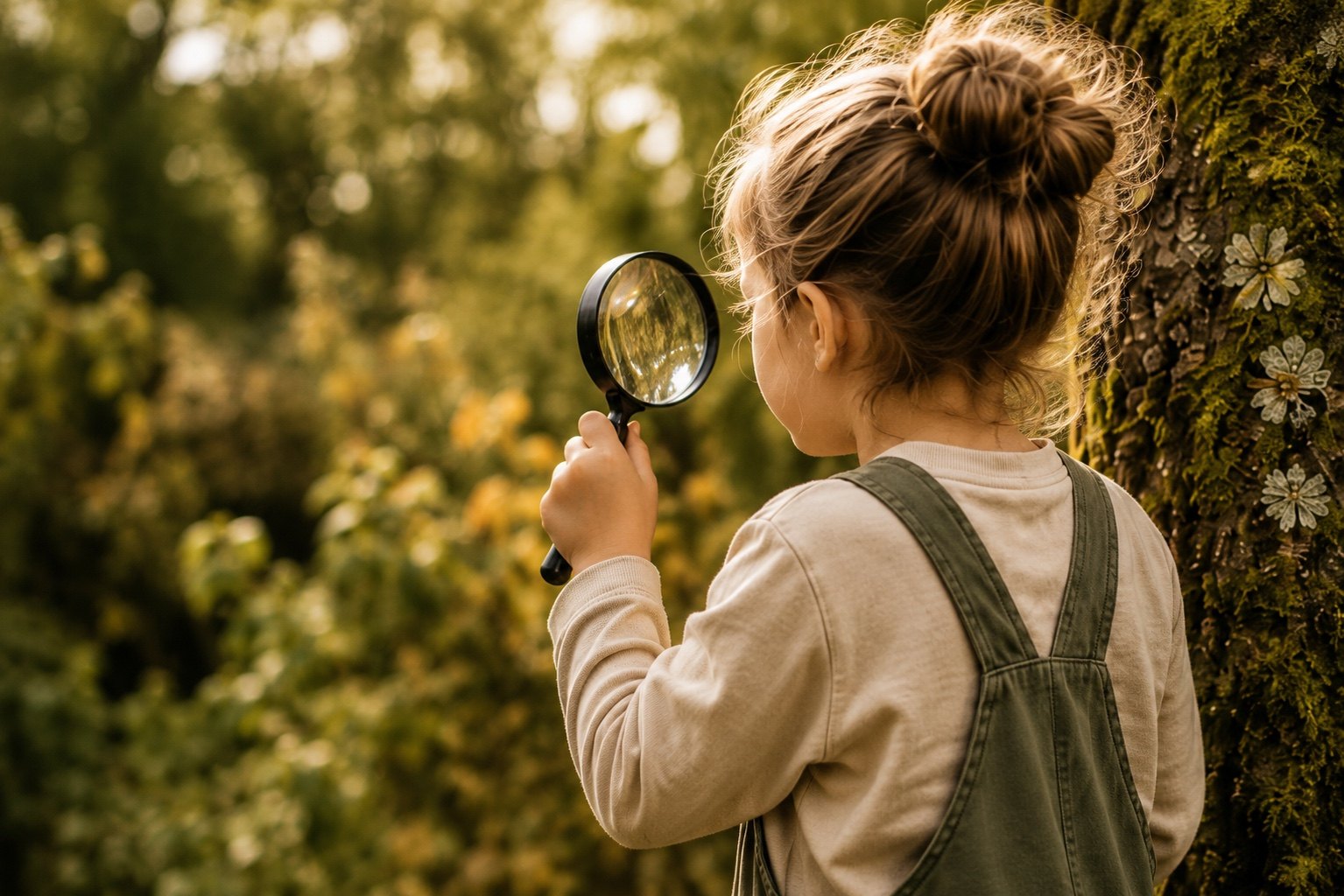 Enfant observant un arbre avec une loupe
